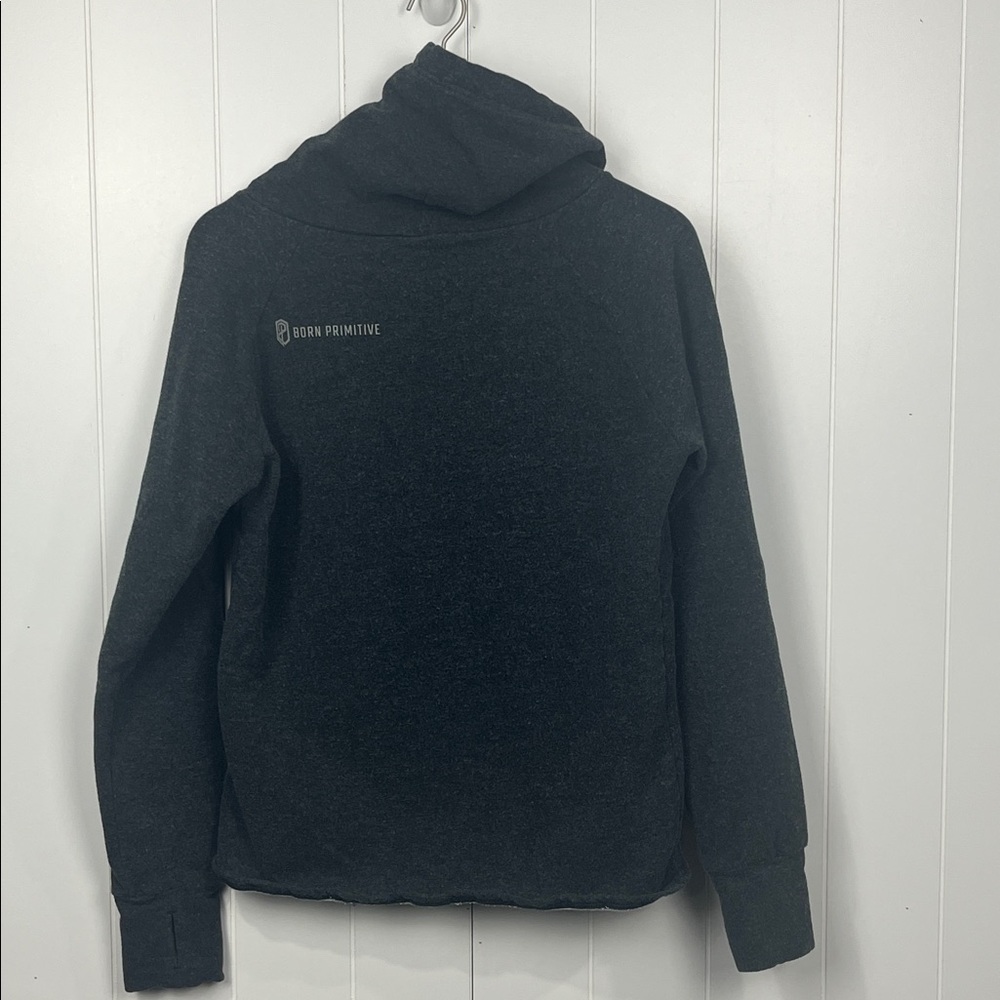 Born Primitive Cowl Neck Sweatshirt M Gray Pullover Kangaroo Pocket Fleece EUC - Picture 11 of 14